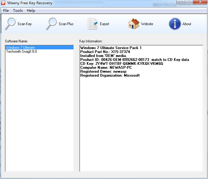 许可证密钥恢复工具WeenyFreeKeyRecovery